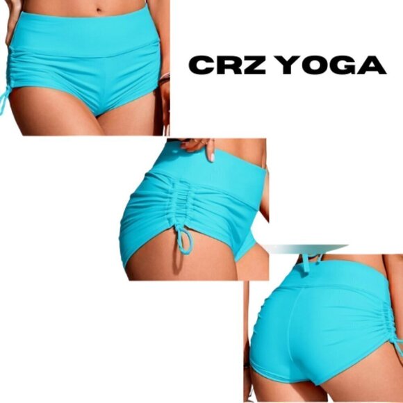 130.🆕XS CRZ YOGA High Waisted Turquoise Adjustable Ruched Side Swim Shorts - Picture 1 of 8